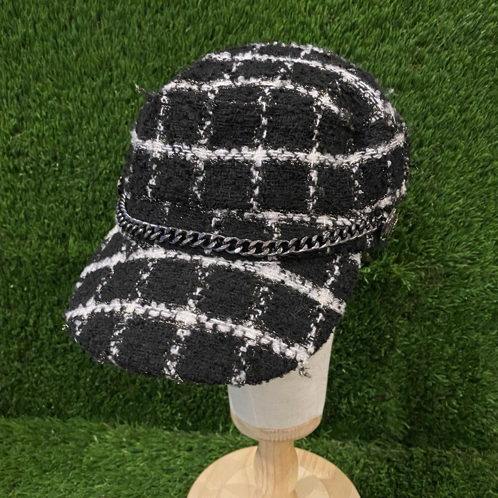 Vince Camuto plaid news boy hat with accent chain black and white women's